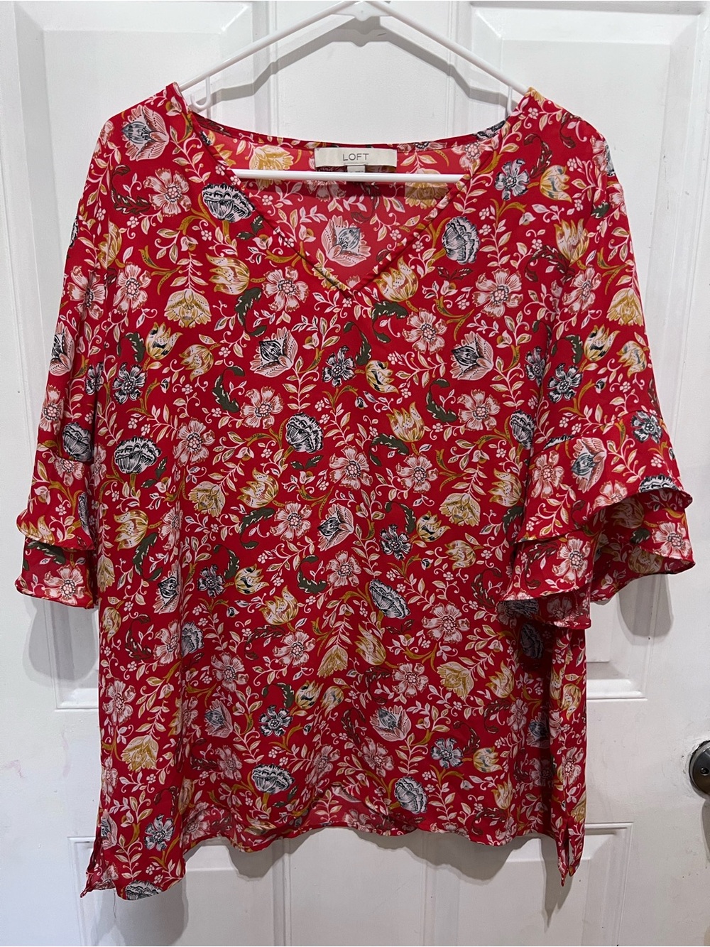 LOFT Red Floral V-Neck Ruffle Sleeve Tunic